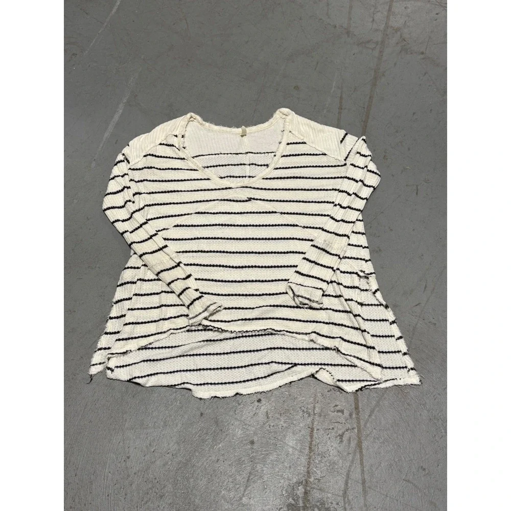 Free People We The Free Striped Thermal V-Neck Top Cream Black XS Waffle Knit